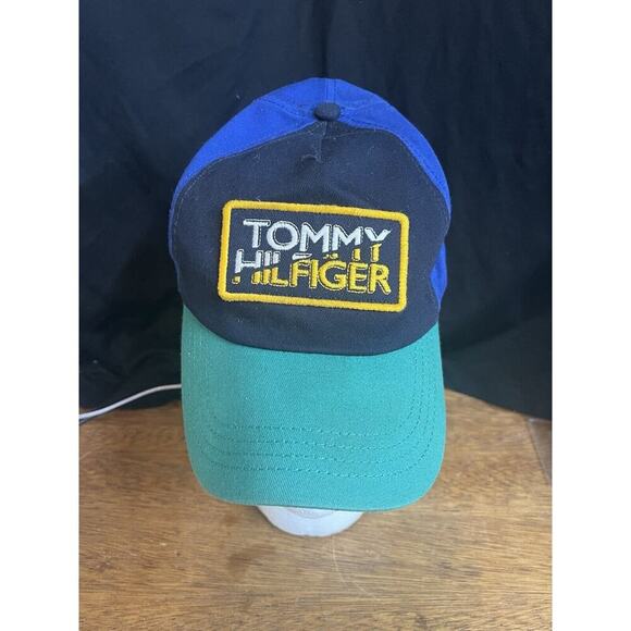 Vtg 90s Tommy‎ Hilfiger Big Patch Logo SnapBack Hat Cap Spell Out - Picture 1 of 5